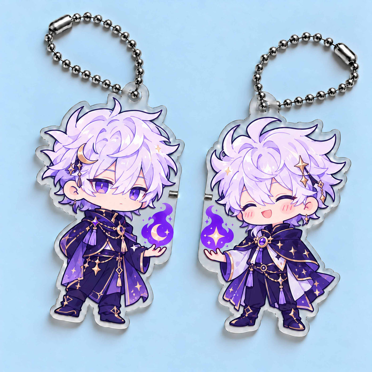 Chibi fantasy boy split acrylic key charm with built‑in small magnets, souvenir gift