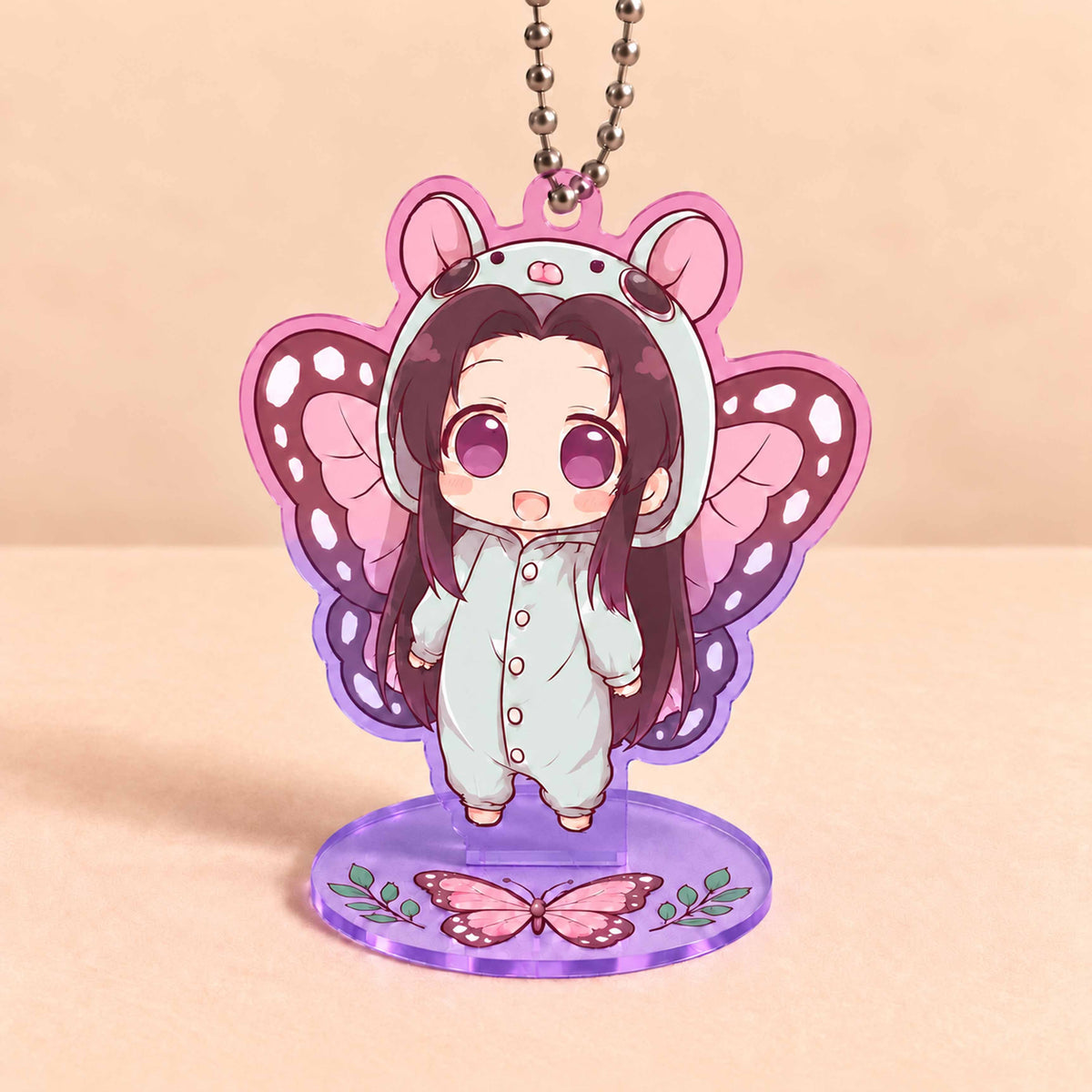 Customized pink and purple gradient acrylic keychain standee - with beaded chain, can be used as a bag charm or a desktop collectible.