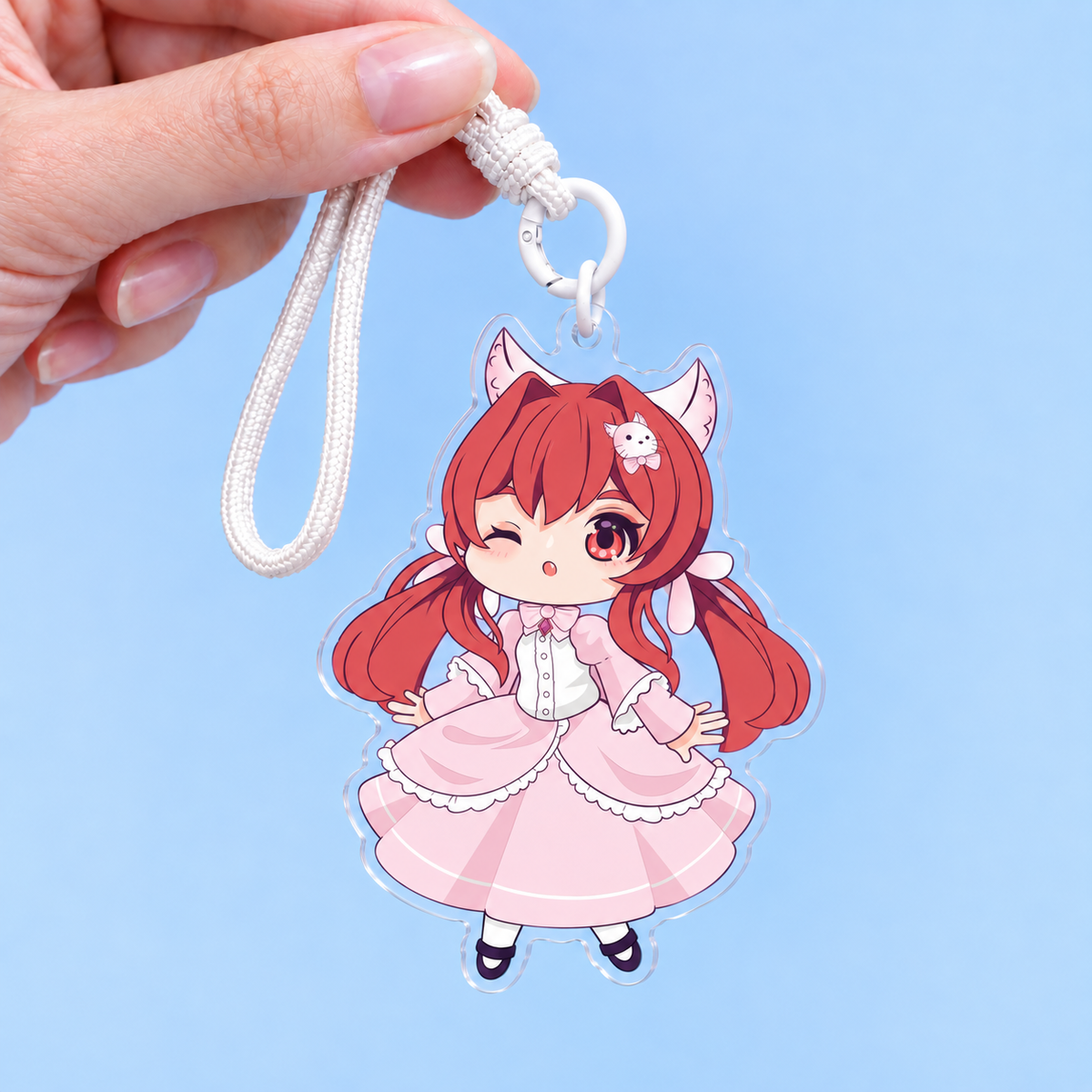 Clear acrylic backpack charm, chibi anime cat girl key accessory with hand rope