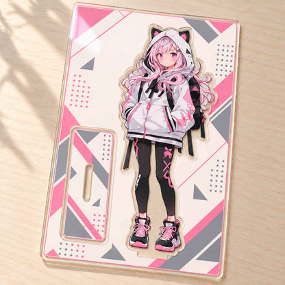 Custom printed acrylic stand raw panel, anime cat ear girl figure with integrated acrylic base on one sheet, DIY assemble tabletop ornament for anime fans