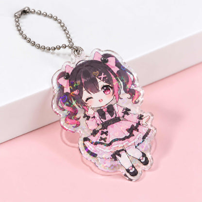 Custom heart-shaped holographic acrylic keychain featuring a Lolita-style girl with pigtails.