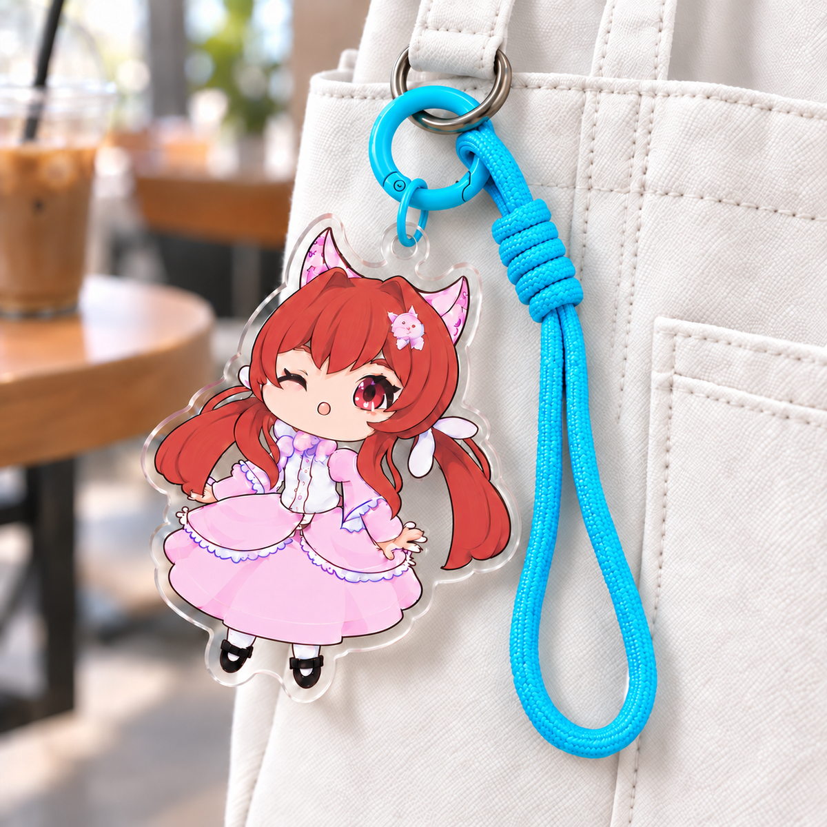 Bag shot acrylic keychain, chibi red hair cat girl with blue wrist strap