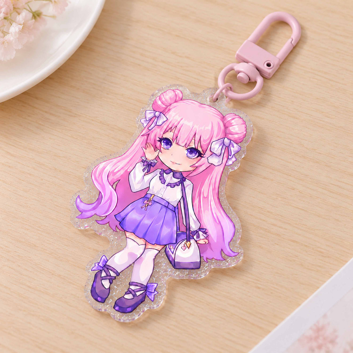 Glitter acrylic bag charm, custom chibi anime girl keychain, pink hair buns, waving gesture, kawaii gift accessory