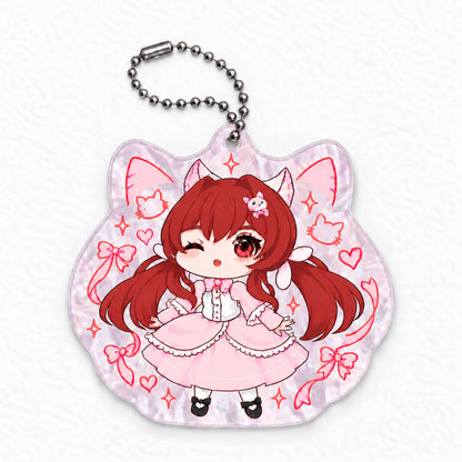 Cat outline mica acrylic keychain, chibi anime red hair cat ear girl charm with silver ball chain, lovely accessory to hang on backpack