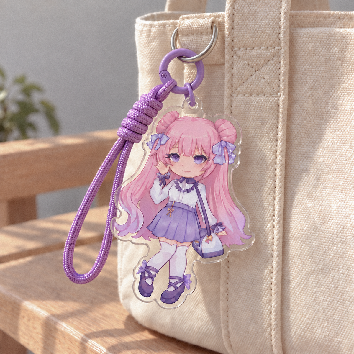 Bag hanging acrylic keychain, chibi pink hair girl with purple wrist strap
