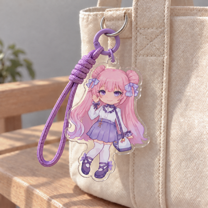 Bag hanging acrylic keychain, chibi pink hair girl with purple wrist strap