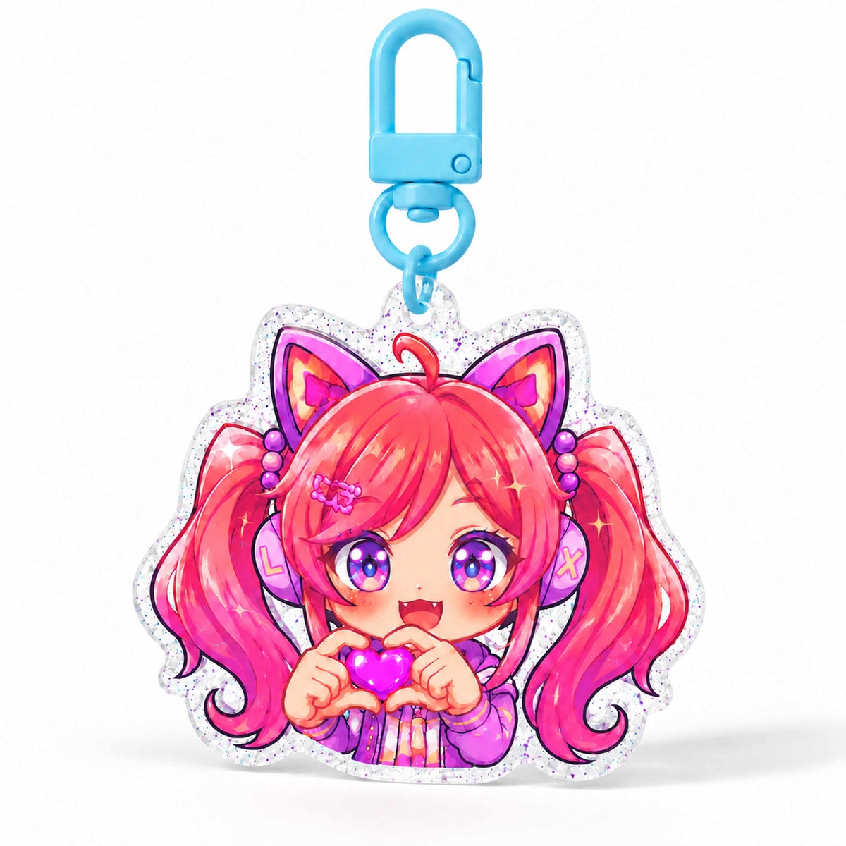 Custom glitter acrylic keychain, pink twin tail anime cat girl, heart hands, kawaii bag charm