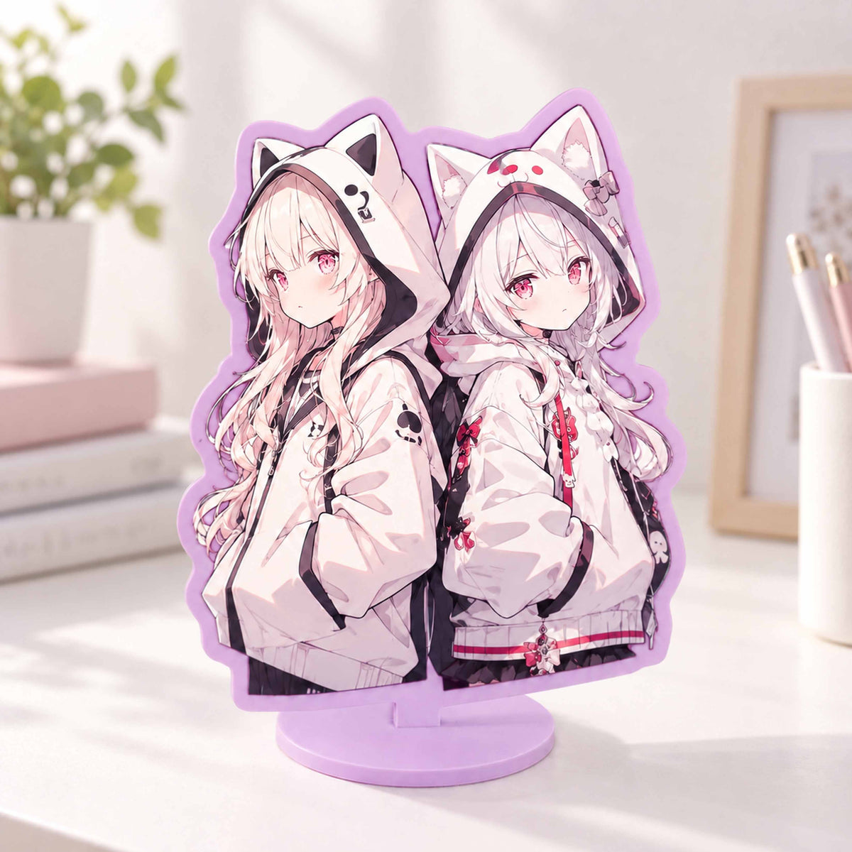 Double anime cat girl custom acrylic stand, lavender purple acrylic stand desktop ornament