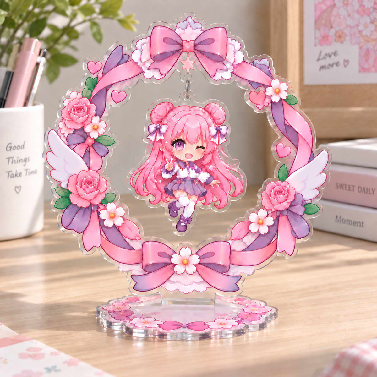 Transparent acrylic hanging swing ornament; custom-designed character tabletop display piece.