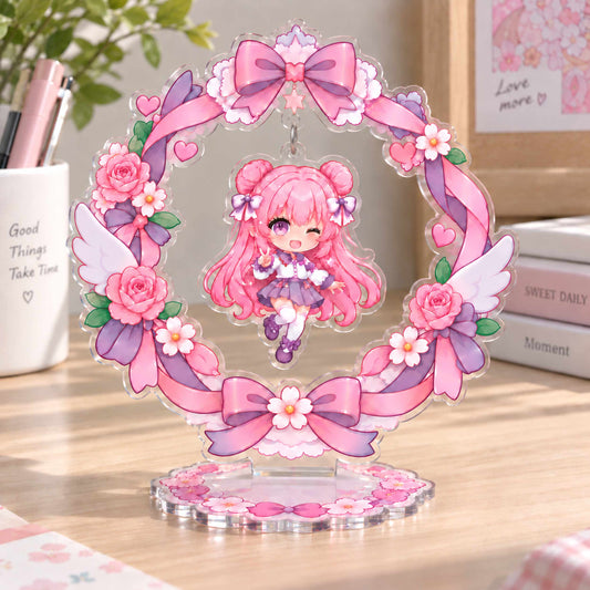 Transparent acrylic hanging swing ornament; custom-designed character tabletop display piece.