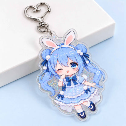 Custom heart holographic acrylic keychain, blue hair bunny girl gift