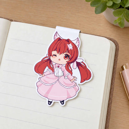Custom die-cut anime magnetic bookmark on lined notebook, cute chibi fox girl character foldable magnet page marker, real scene photo