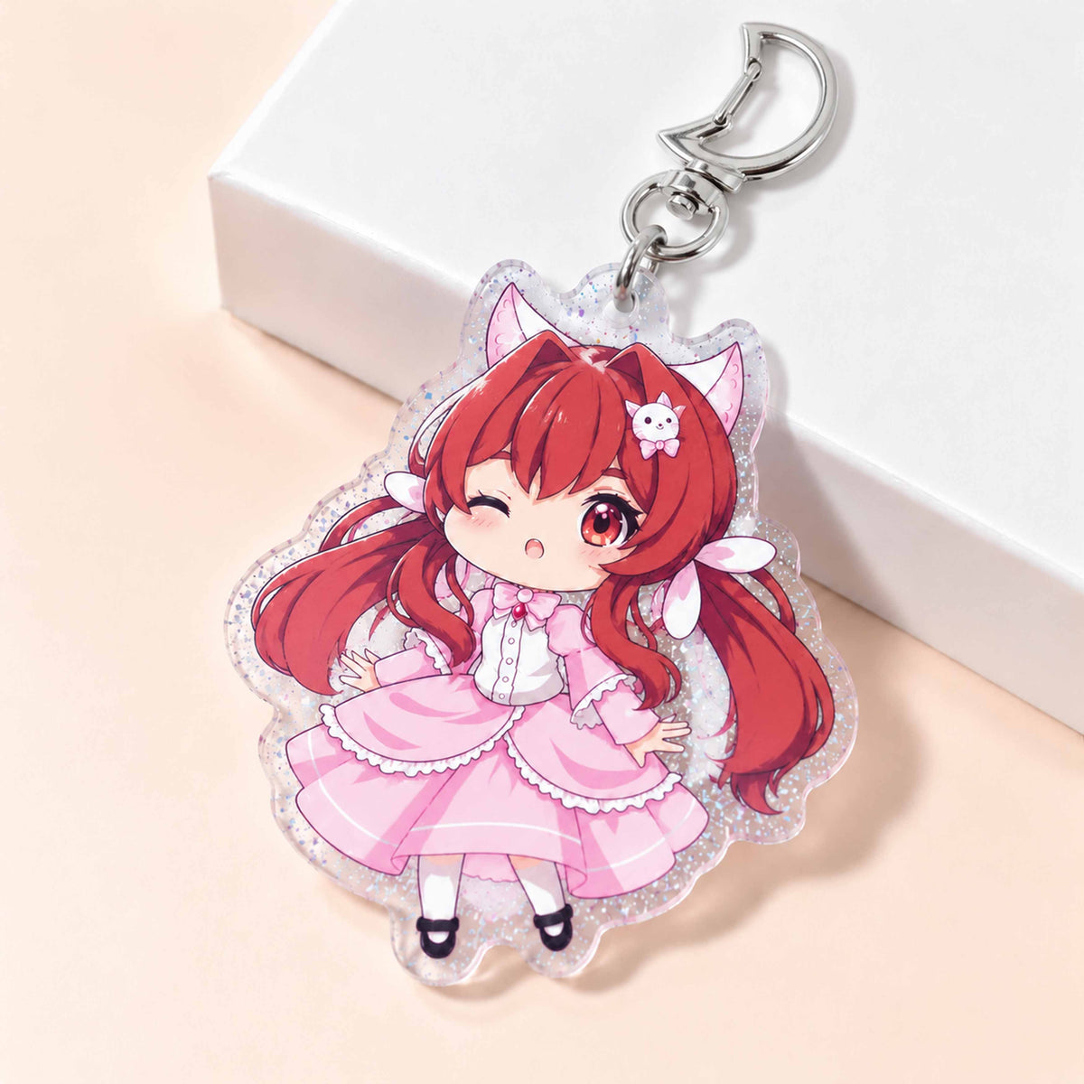 Kawaii chibi fox girl glitter acrylic keychain, red hair winking, custom bag charm