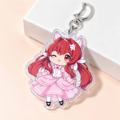 Kawaii chibi fox girl glitter acrylic keychain, red hair winking, custom bag charm