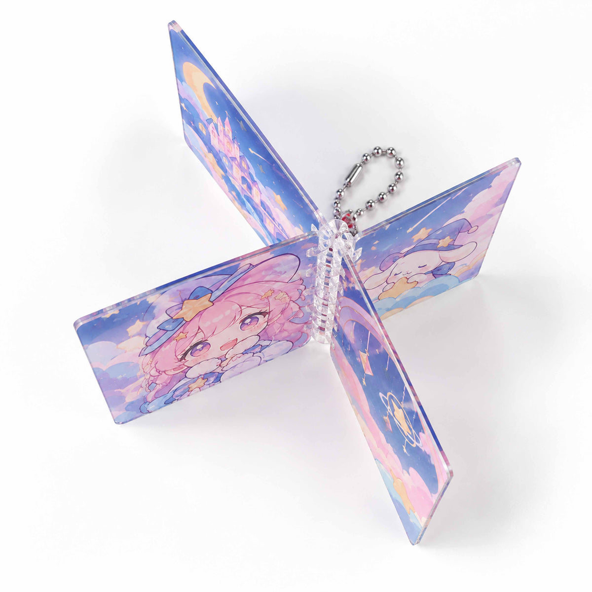 Magic girl cross‑fold mini acrylic binder charm, top‑down view show spread‑out pages