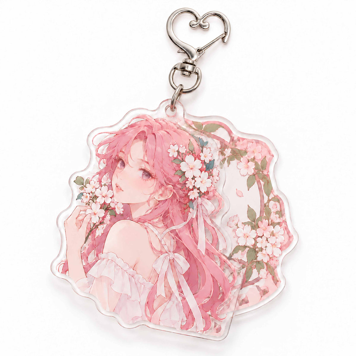 Custom ultra-thin double-layer acrylic keychain, pink hair cherry blossom girl gift