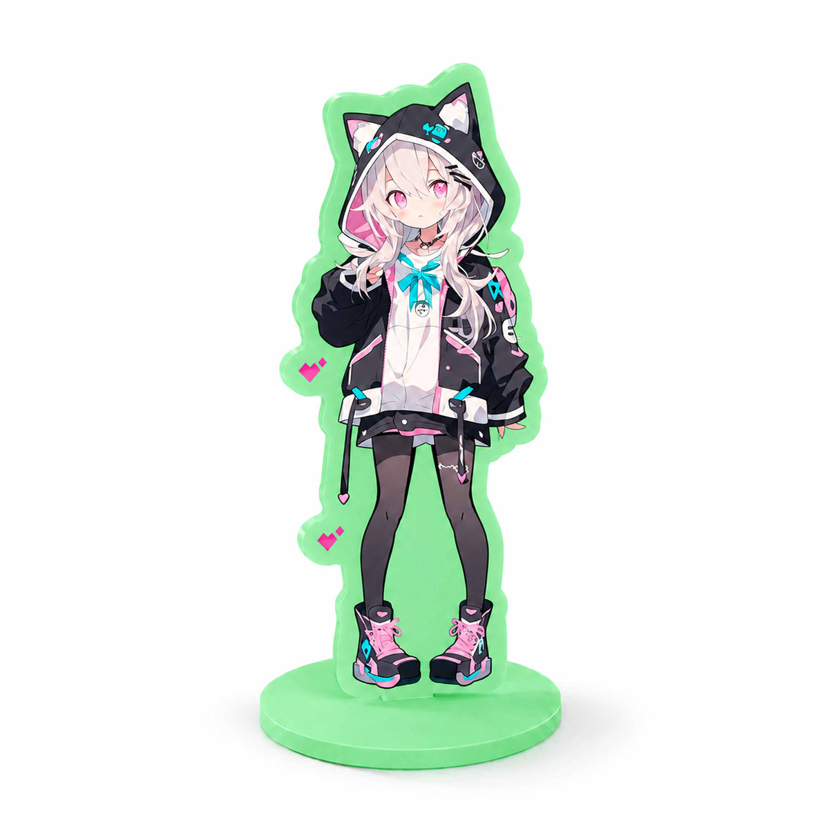 Kawaii cyber anime cat girl custom acrylic stand, green acrylic stand desktop ornament