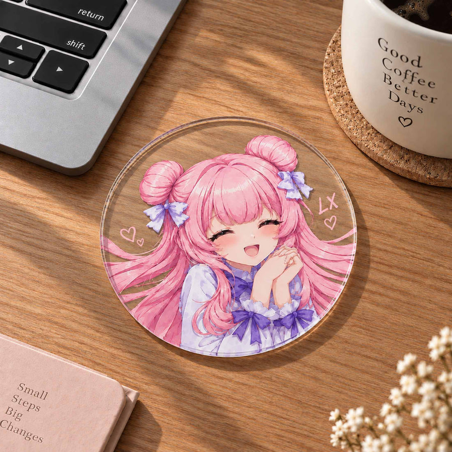 Custom printed acrylic coaster, smiling anime girl design, otaku desk gift