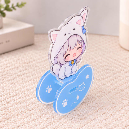Cat hood chibi anime girl custom acrylic wobble standee, blue paw base, rocking desk ornament, personalized gift