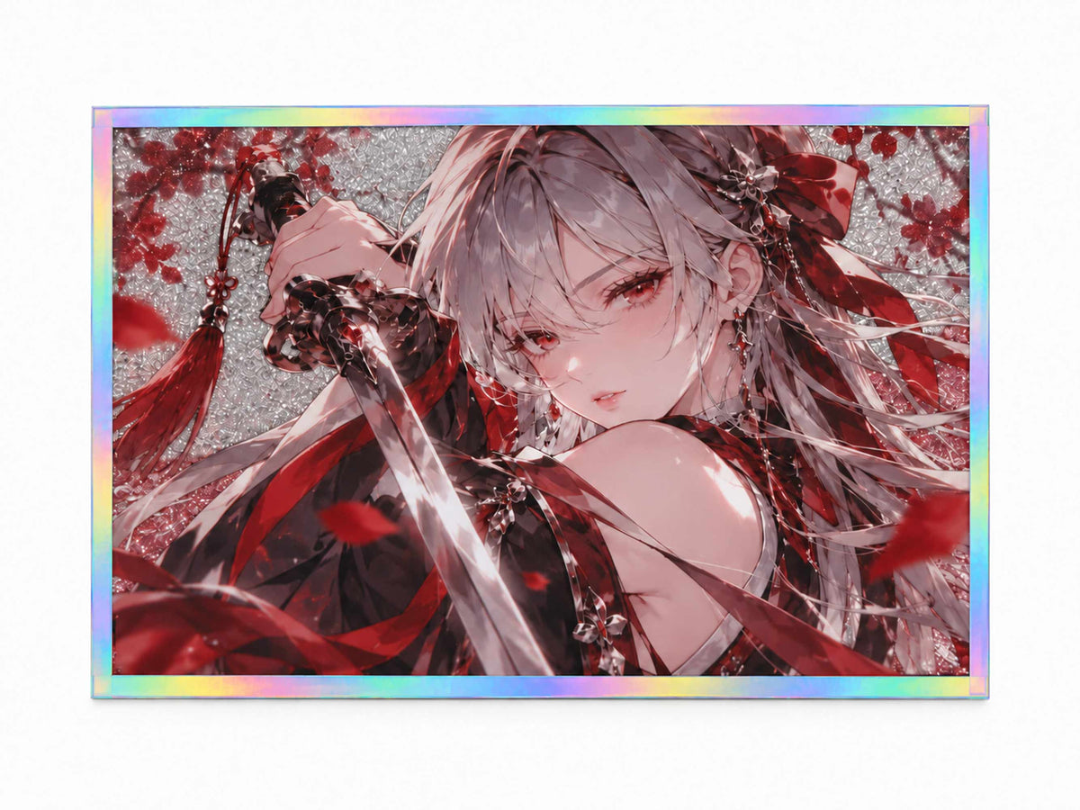 Custom Acrylic Shikishi Art Board, ancient style anime girl with sword, red plum blossom, holographic rainbow border