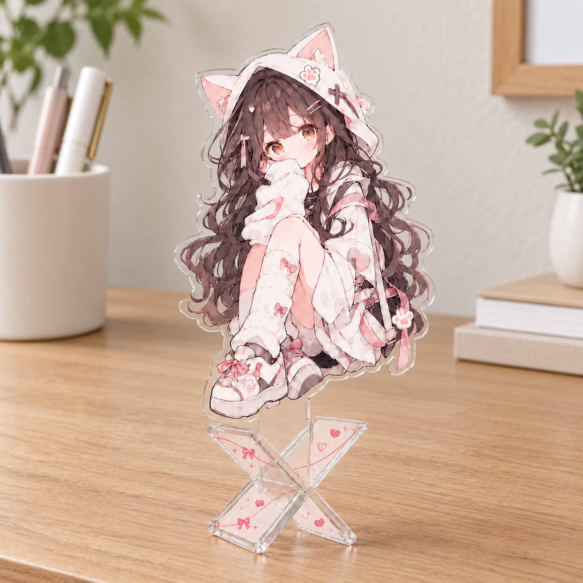 Clear acrylic anime standee with X base, dark hair cat ear girl