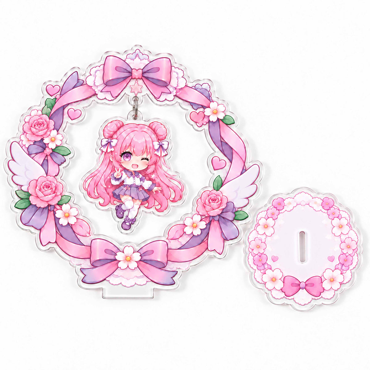 Custom acrylic wreath swing standee set, chibi anime girl acrylic desk stand with flower base