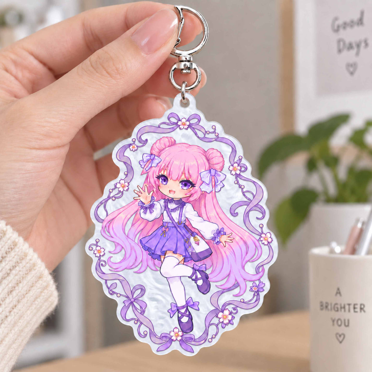 Custom-made mica acrylic keychain featuring a cute chibi-style anime girl in a vibrant purple skirt—an excellent gift for anime fans.