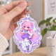 Custom-made mica acrylic keychain featuring a cute chibi-style anime girl in a vibrant purple skirt—an excellent gift for anime fans.
