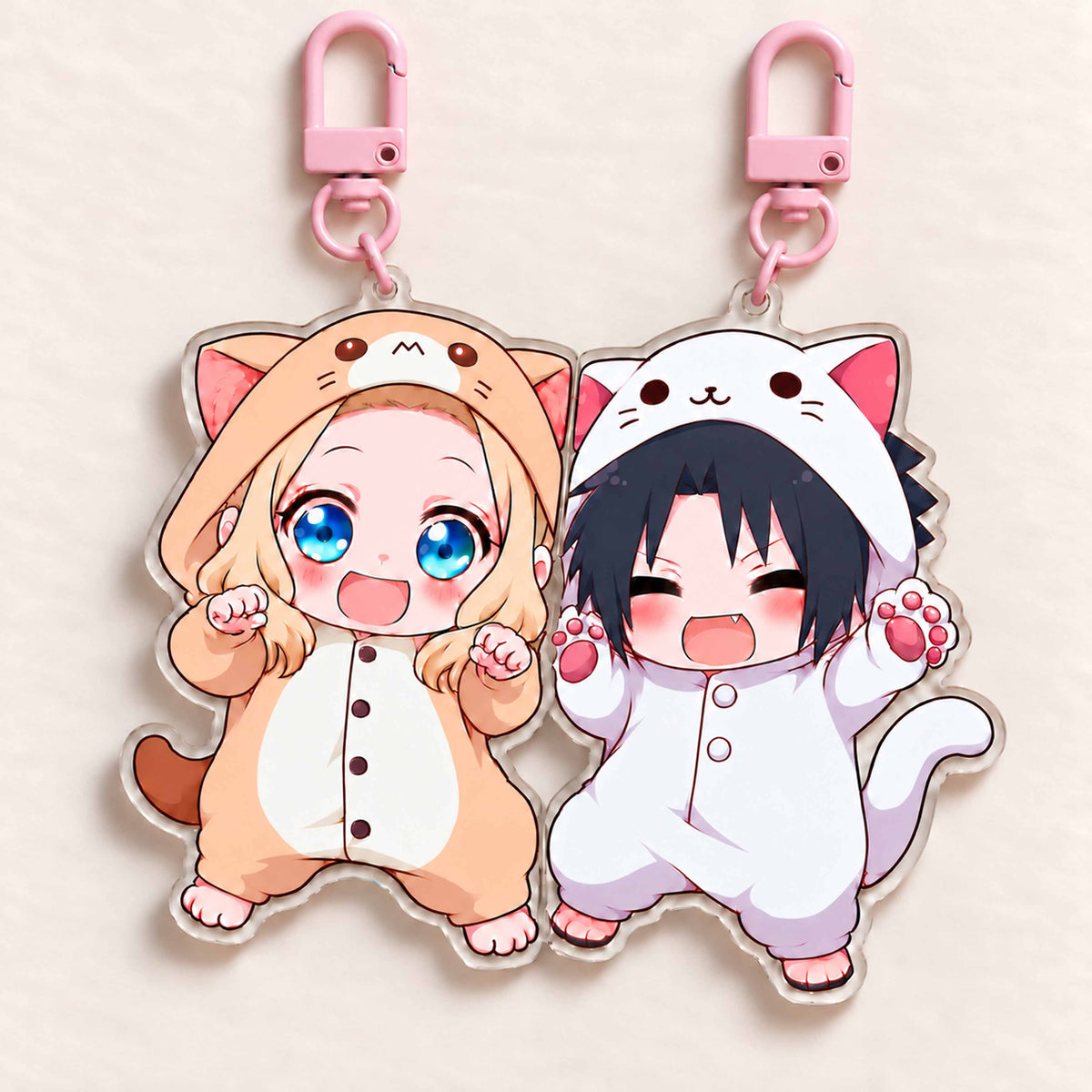 Kawaii chibi cat onesie character acrylic key charm with small magnets, souvenir gift