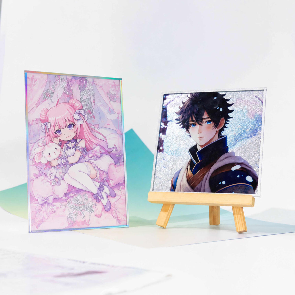 Custom Acrylic Shikishi Art Board, two anime character shikishi with glitter inner, holographic border