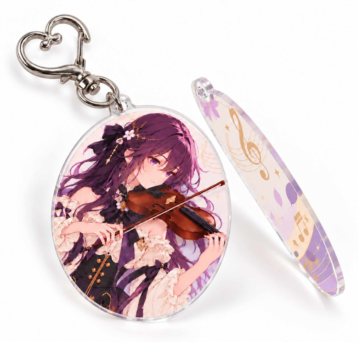 Ultra thin acrylic keychain side view, anime violin girl charm