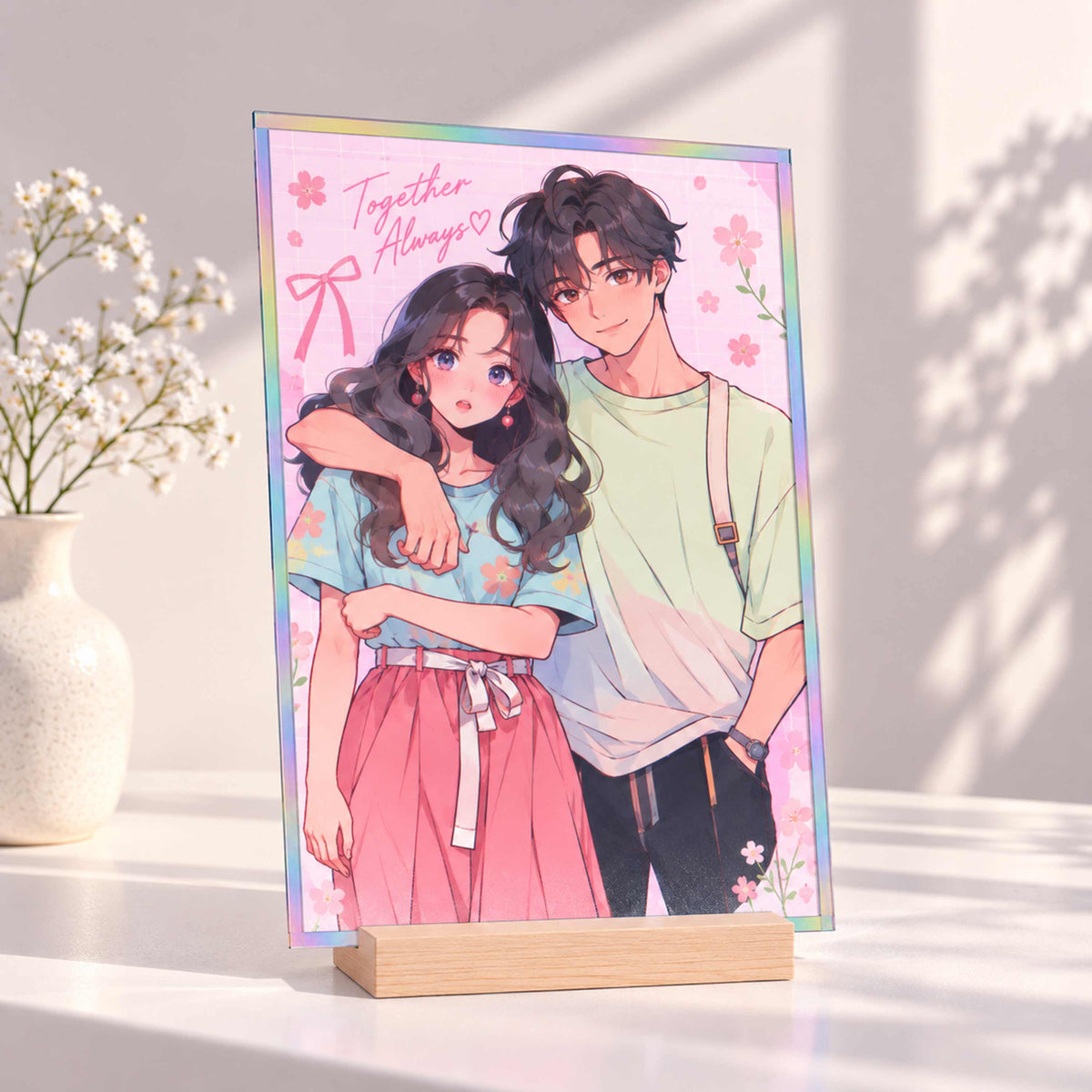 Custom Acrylic Shikishi Art Board, anime couple portrait, pink floral background, holographic rainbow border