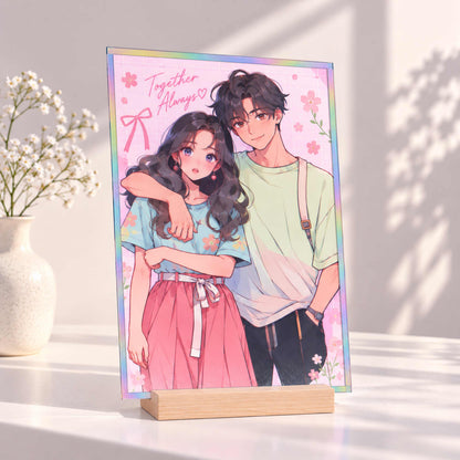Custom Acrylic Shikishi Art Board, anime couple portrait, pink floral background, holographic rainbow border