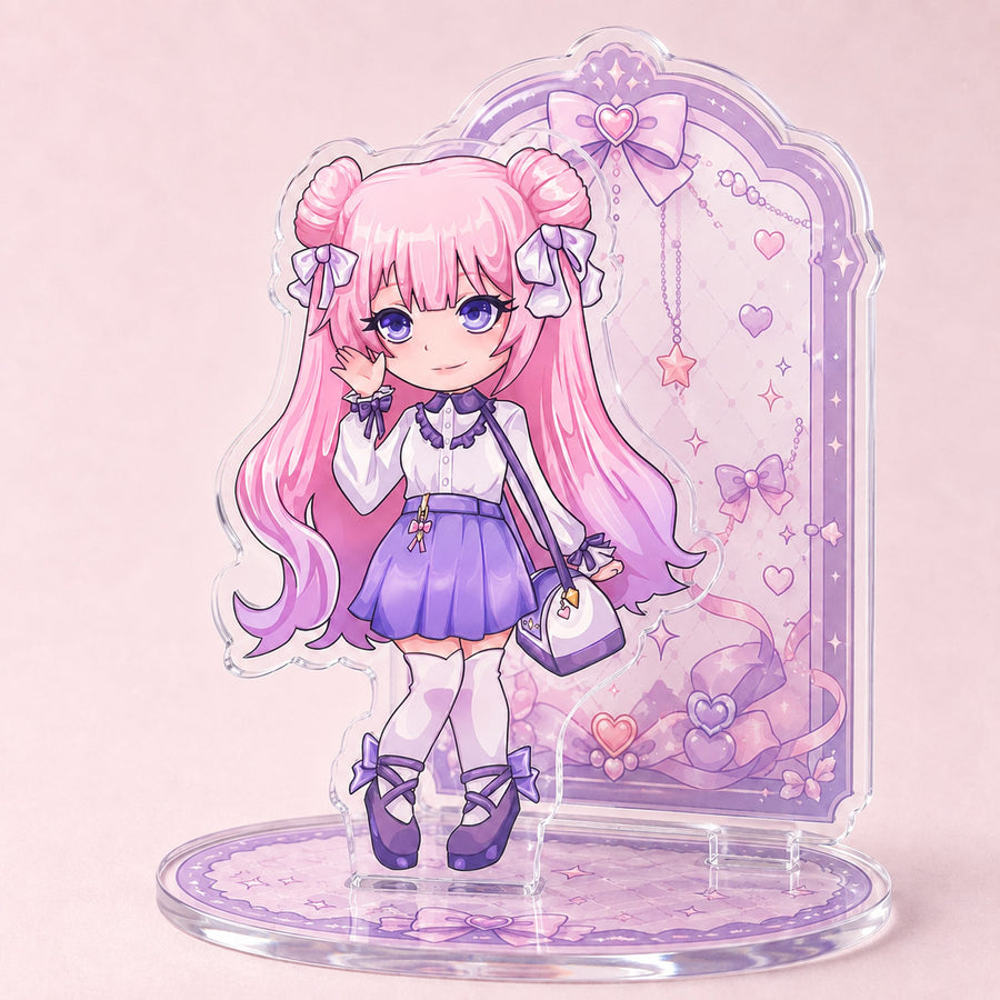 Custom double-layer clear acrylic standee with character and background on a shared base