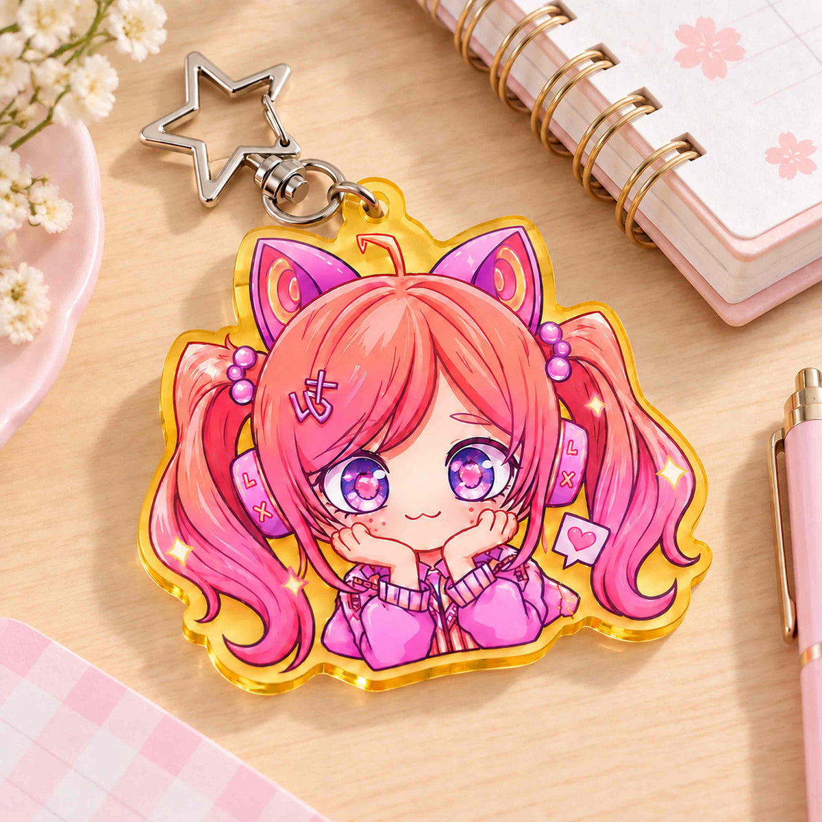 Custom semi-transparent acrylic keychain featuring a solid-color yellow border and a silver star-shaped clasp.