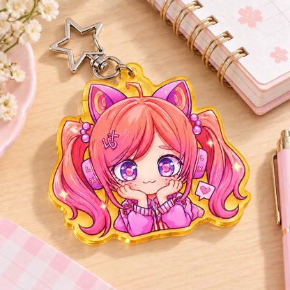 Custom semi-transparent acrylic keychain featuring a solid-color yellow border and a silver star-shaped clasp.