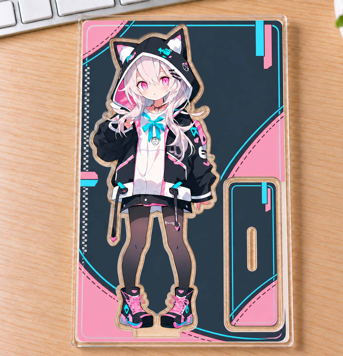 Unassembled acrylic standee flat sheet, kawaii white hair cat ear anime girl, custom desk ornament