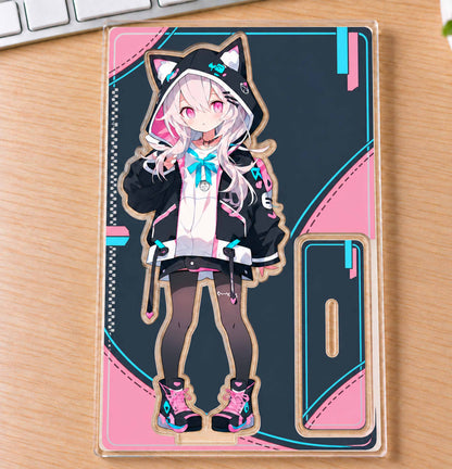 Unassembled acrylic standee flat sheet, kawaii white hair cat ear anime girl, custom desk ornament
