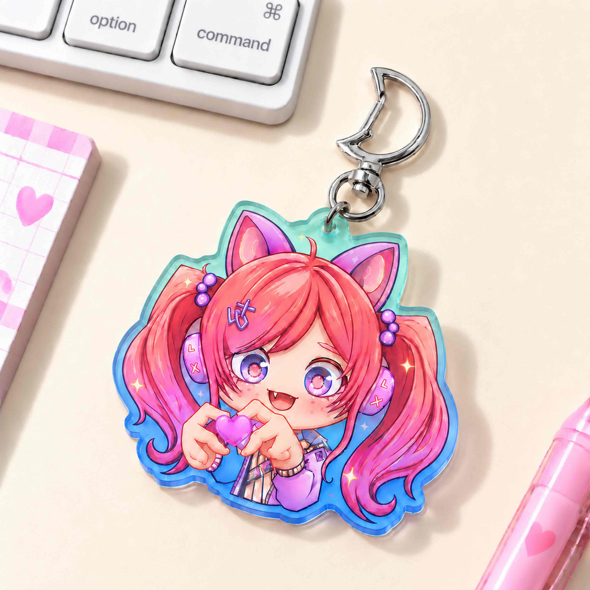 Customizable gradient translucent acrylic keychain featuring a chibi-style girl with cat ears.