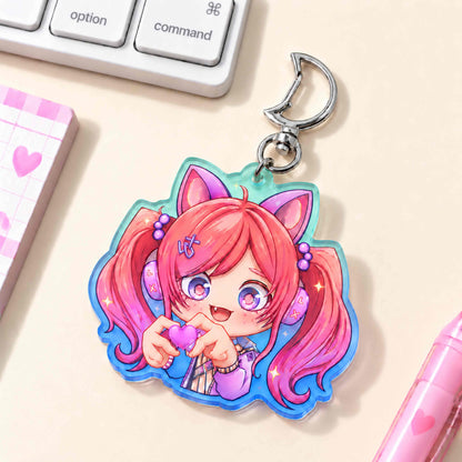 Customizable gradient translucent acrylic keychain featuring a chibi-style girl with cat ears.
