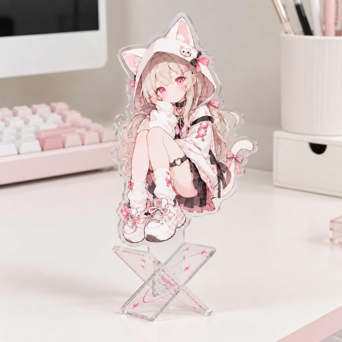 Custom X-shaped clear acrylic standee, cute anime cat ear girl, desktop decorative display