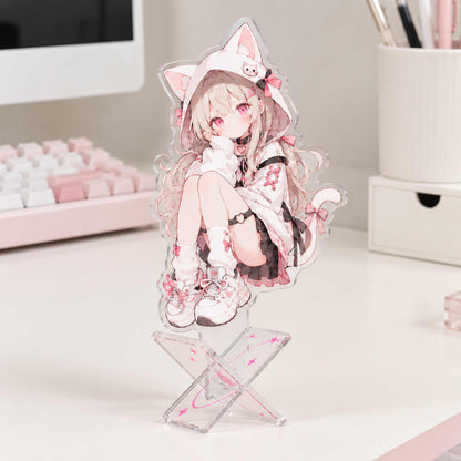 Custom X-shaped clear acrylic standee, cute anime cat ear girl, desktop decorative display