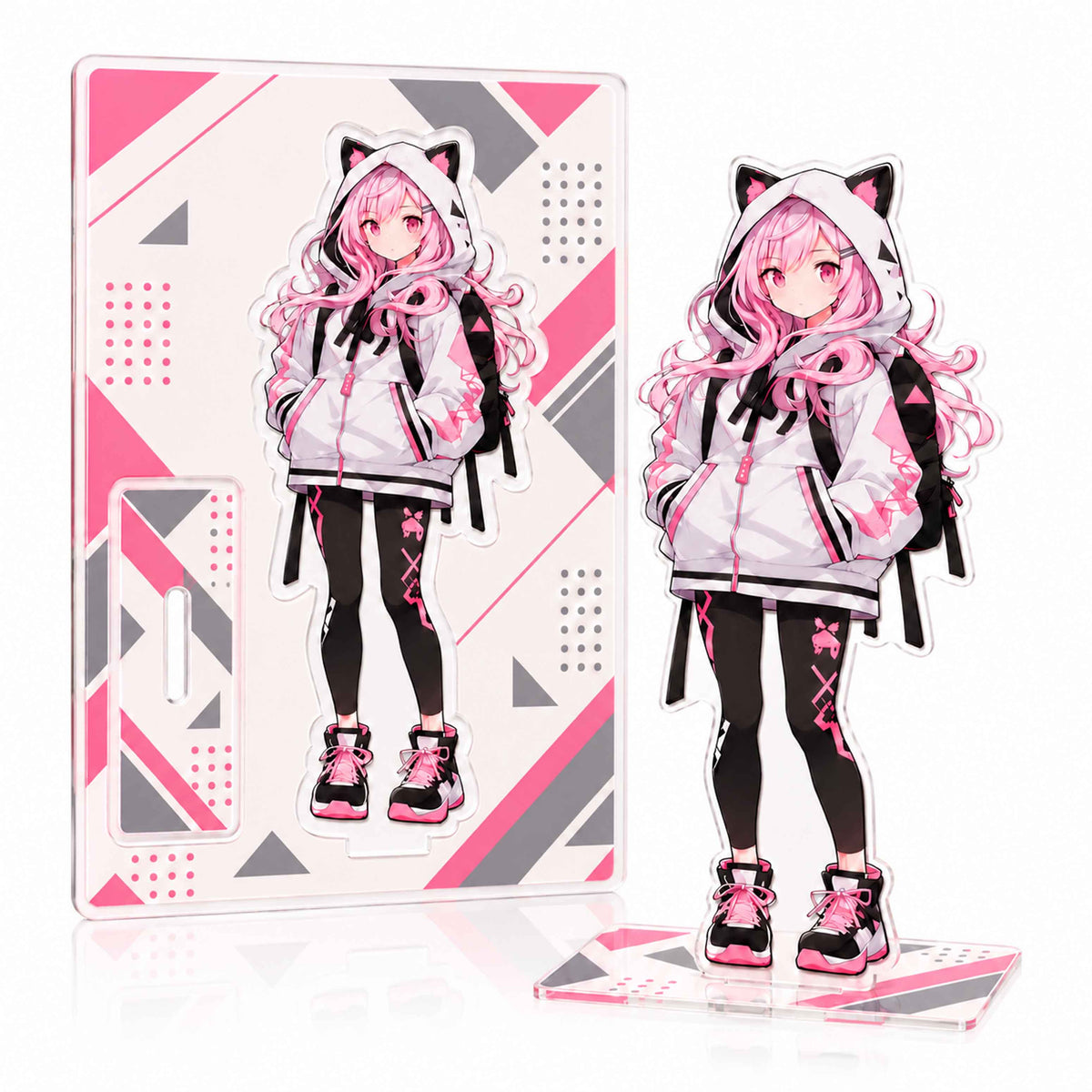 Custom printed acrylic figure stand, full acrylic support base, kawaii pink hair cat ear anime girl tabletop ornament, anime fan gift