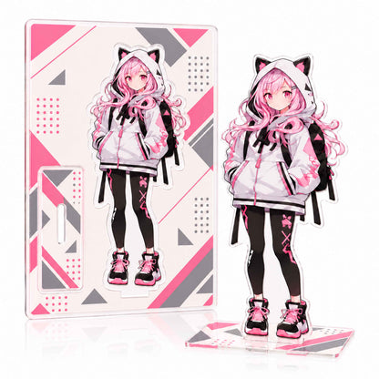 Custom printed acrylic figure stand, full acrylic support base, kawaii pink hair cat ear anime girl tabletop ornament, anime fan gift