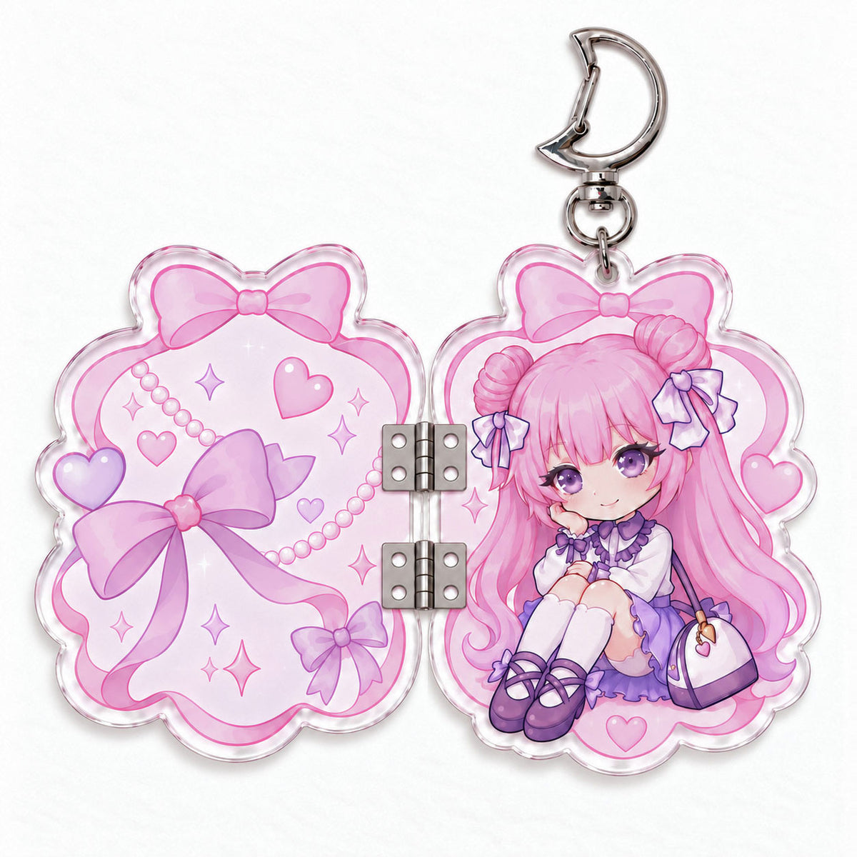 Hinged openable acrylic keychain, cute chibi pink hair anime girl foldable bag charm