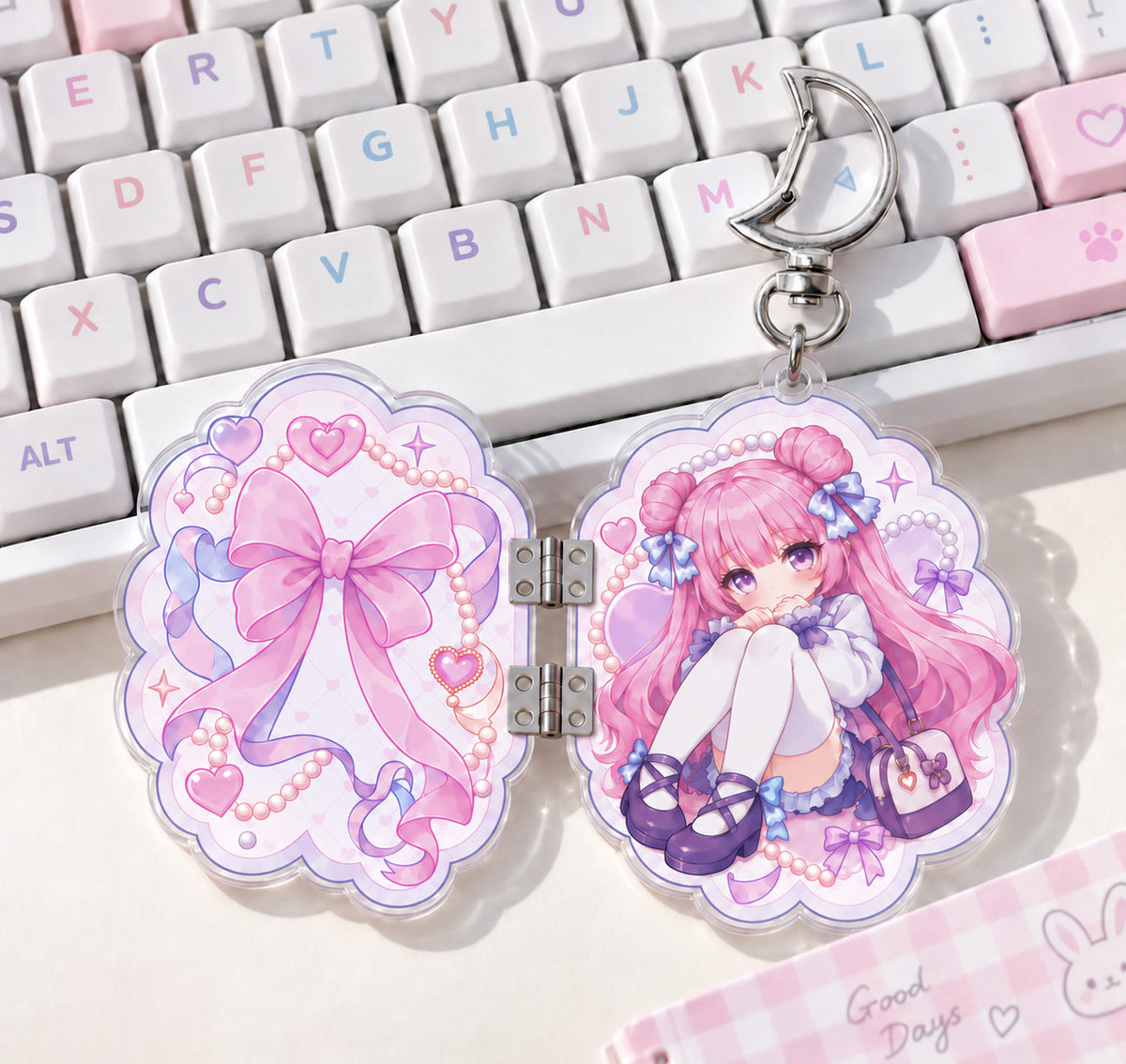 Hinged foldable acrylic keychain, kawaii chibi pink hair anime girl bag charm