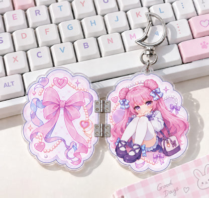 Hinged foldable acrylic keychain, kawaii chibi pink hair anime girl bag charm