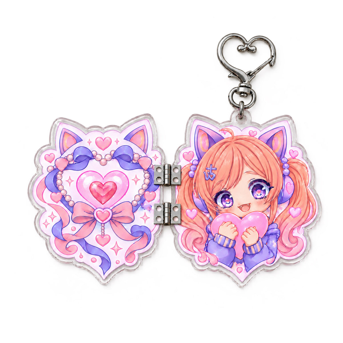 Custom hinged acrylic keychain, anime pink-haired girl foldable pendant, cute bag charm.