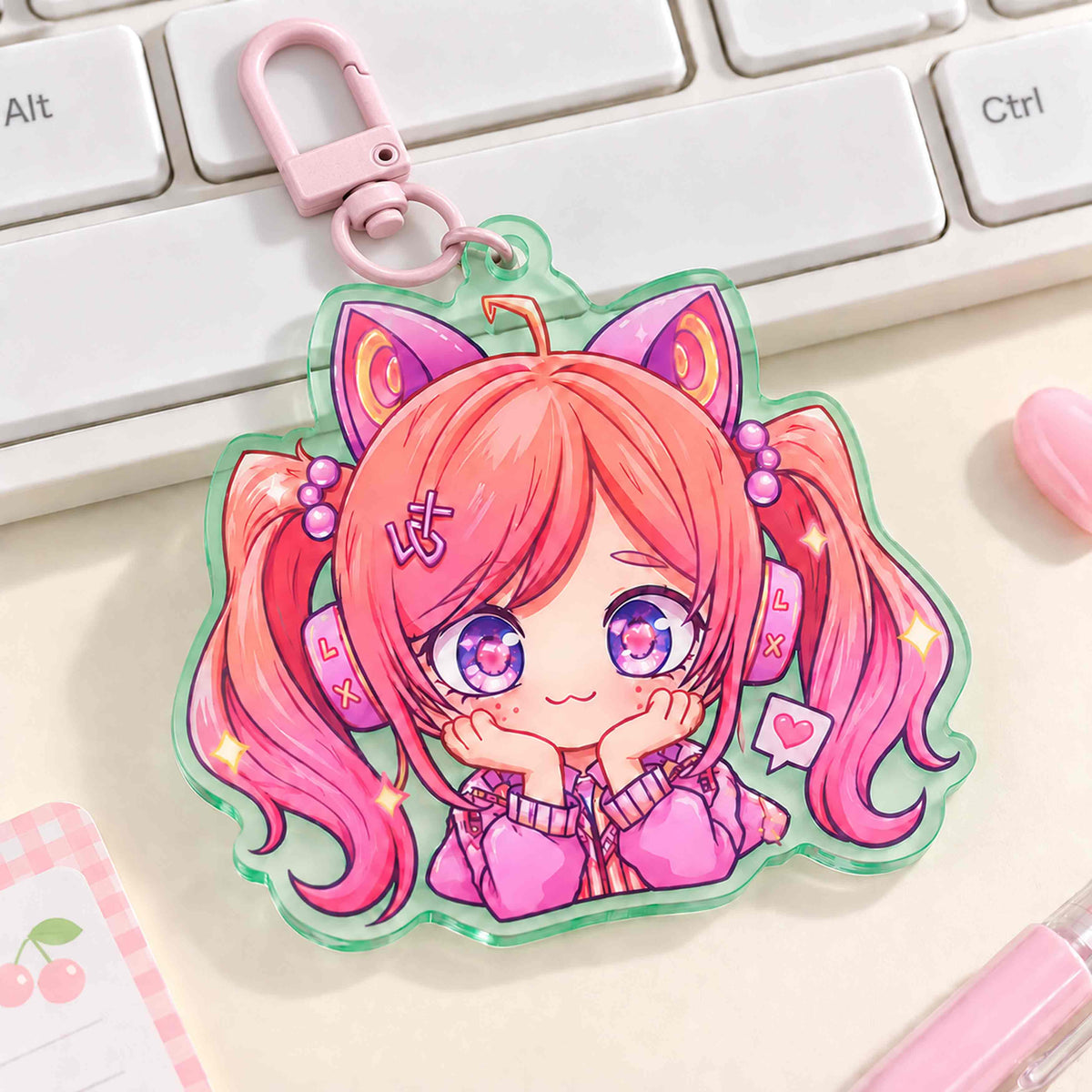 Custom green-framed semi-transparent acrylic keychain for bag charms