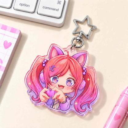 Gradient Translucent Acrylic Charm – Custom Chibi Cat-Ear Girl Keychain (with Silver Star Clasp)